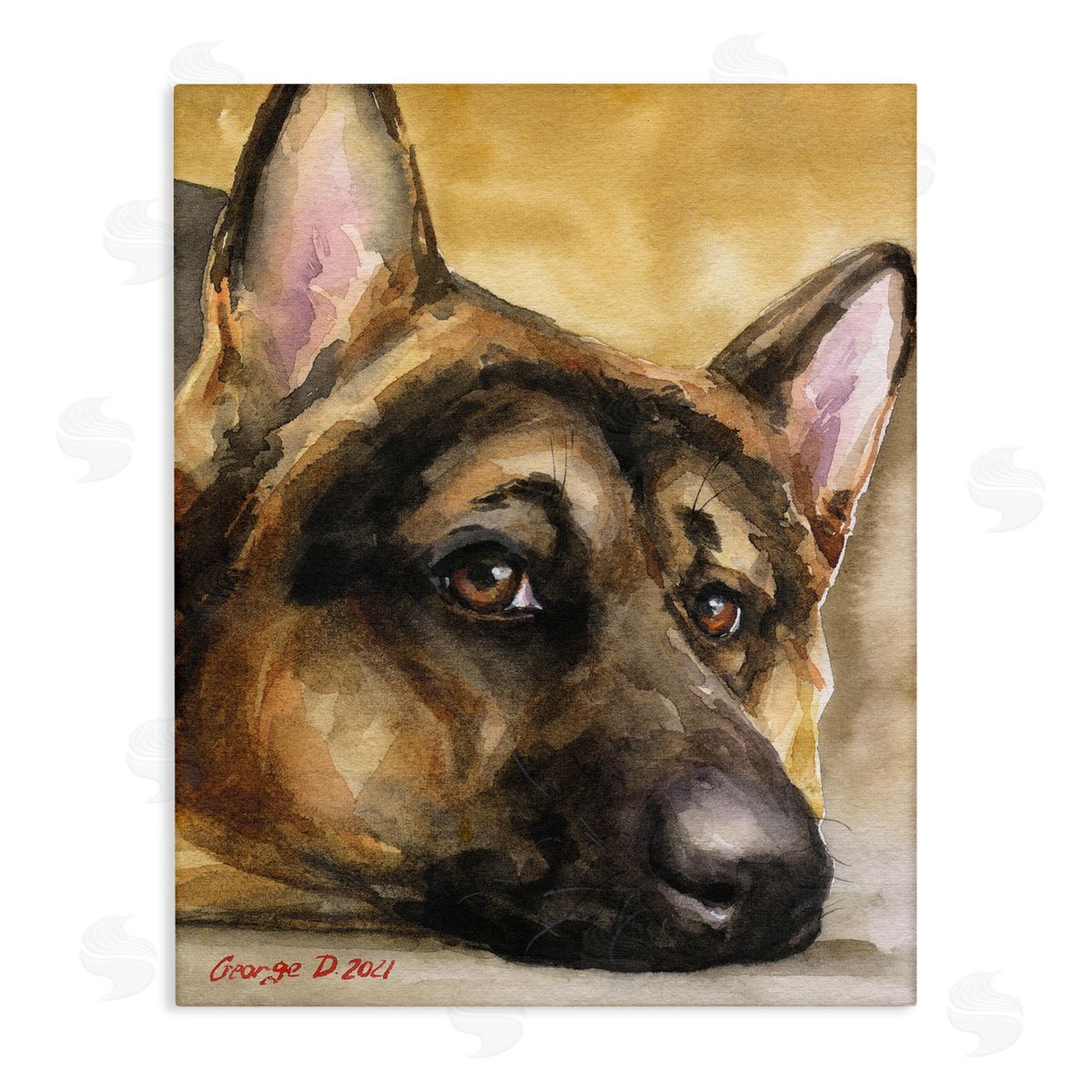 George Dyachenko German Shepherd Dog Sympathetic Gazing Animal Portrait Stretched Canvas Wall Art Print