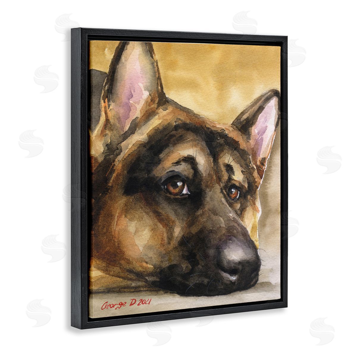 George Dyachenko German Shepherd Dog Sympathetic Gazing Animal Portrait Black Floating Frame Canvas Wall Art Print