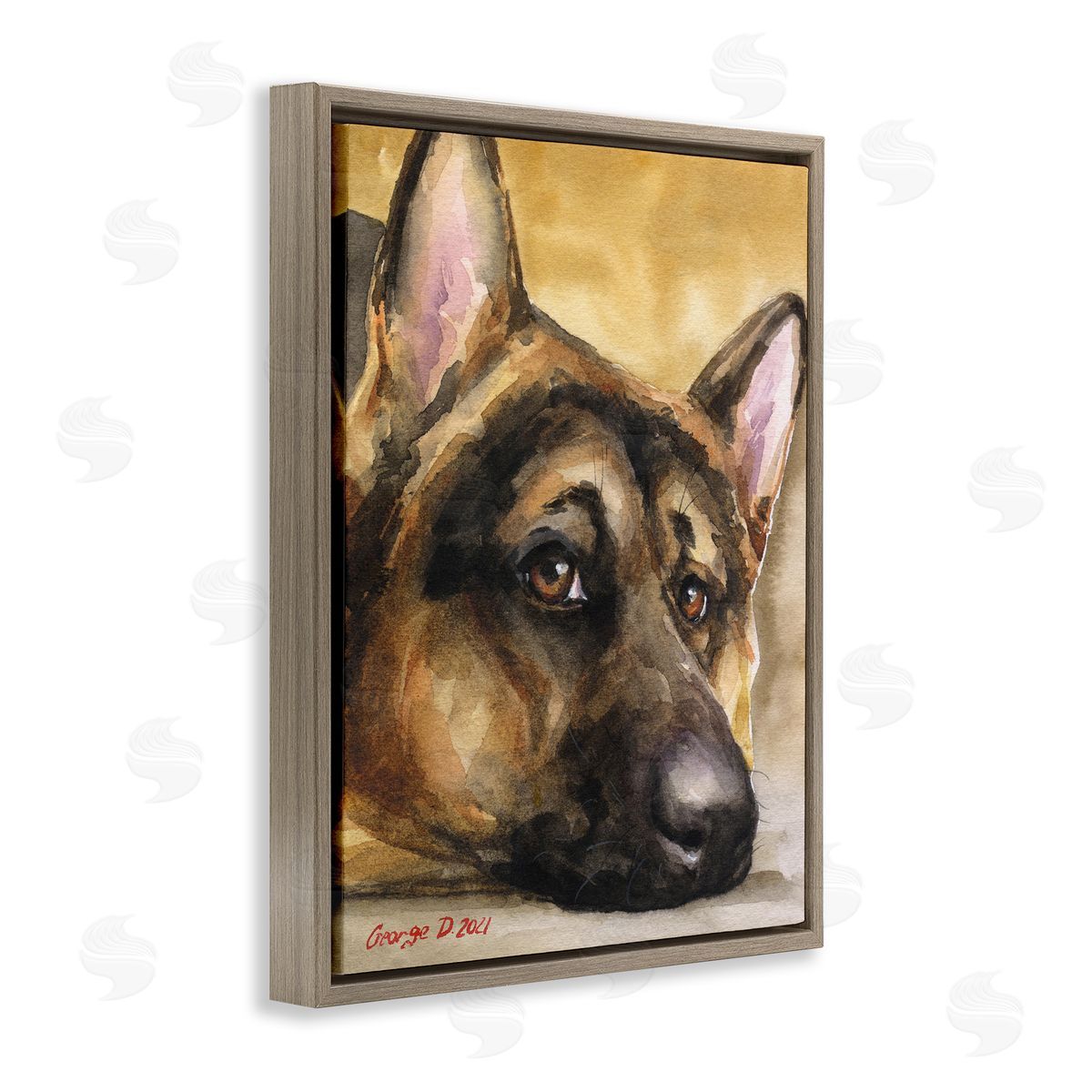 George Dyachenko German Shepherd Dog Sympathetic Gazing Animal Portrait Brown Floating Frame Canvas Wall Art Print