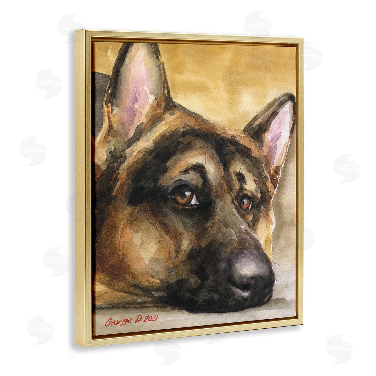George Dyachenko German Shepherd Dog Sympathetic Gazing Animal Portrait Gold Floating Frame Canvas Wall Art Print