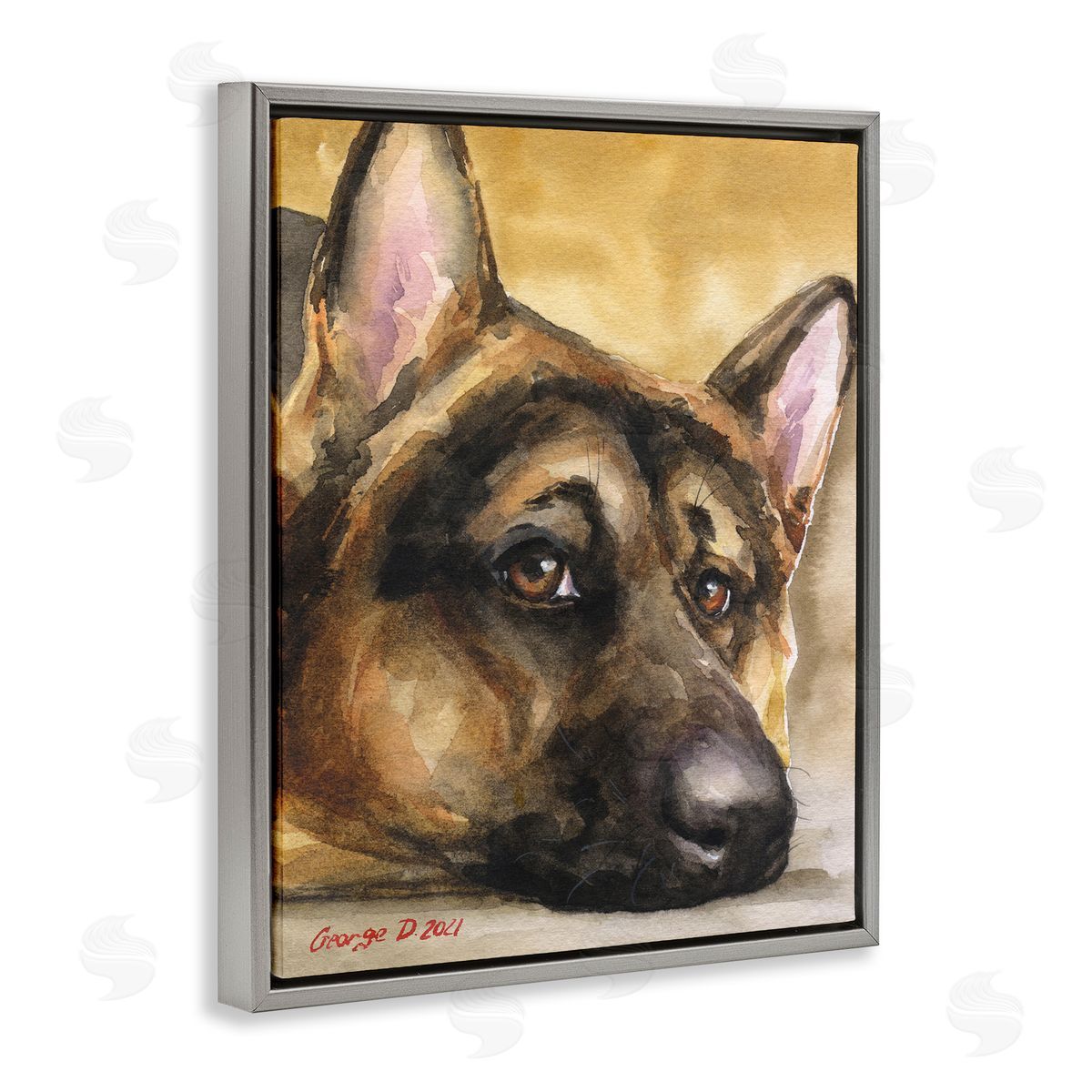 George Dyachenko German Shepherd Dog Sympathetic Gazing Animal Portrait Gray Floating Frame Canvas Wall Art Print