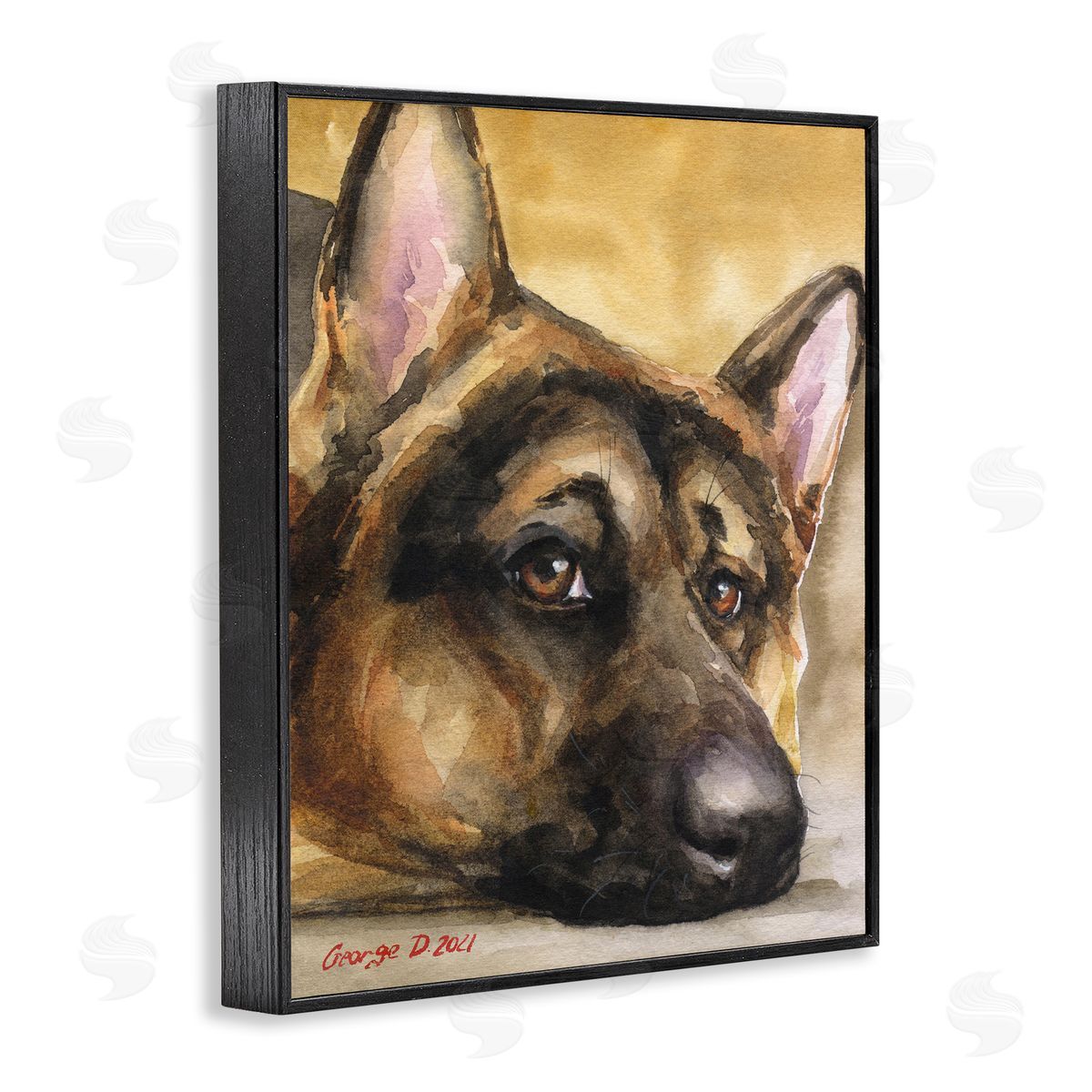 George Dyachenko German Shepherd Dog Sympathetic Gazing Animal Portrait Black Framed Giclee Wall Art Print