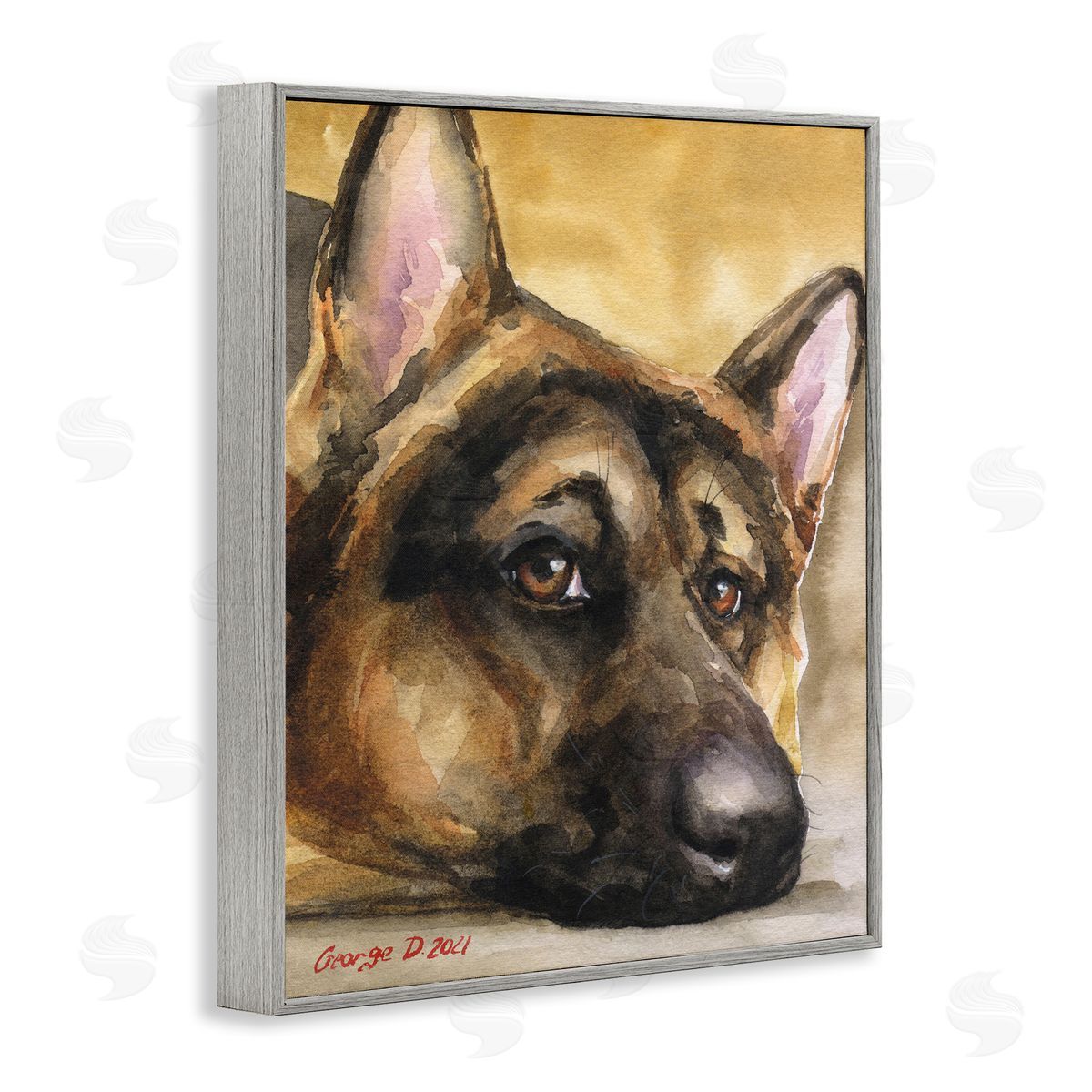 George Dyachenko German Shepherd Dog Sympathetic Gazing Animal Portrait Gray Framed Giclee Wall Art Print