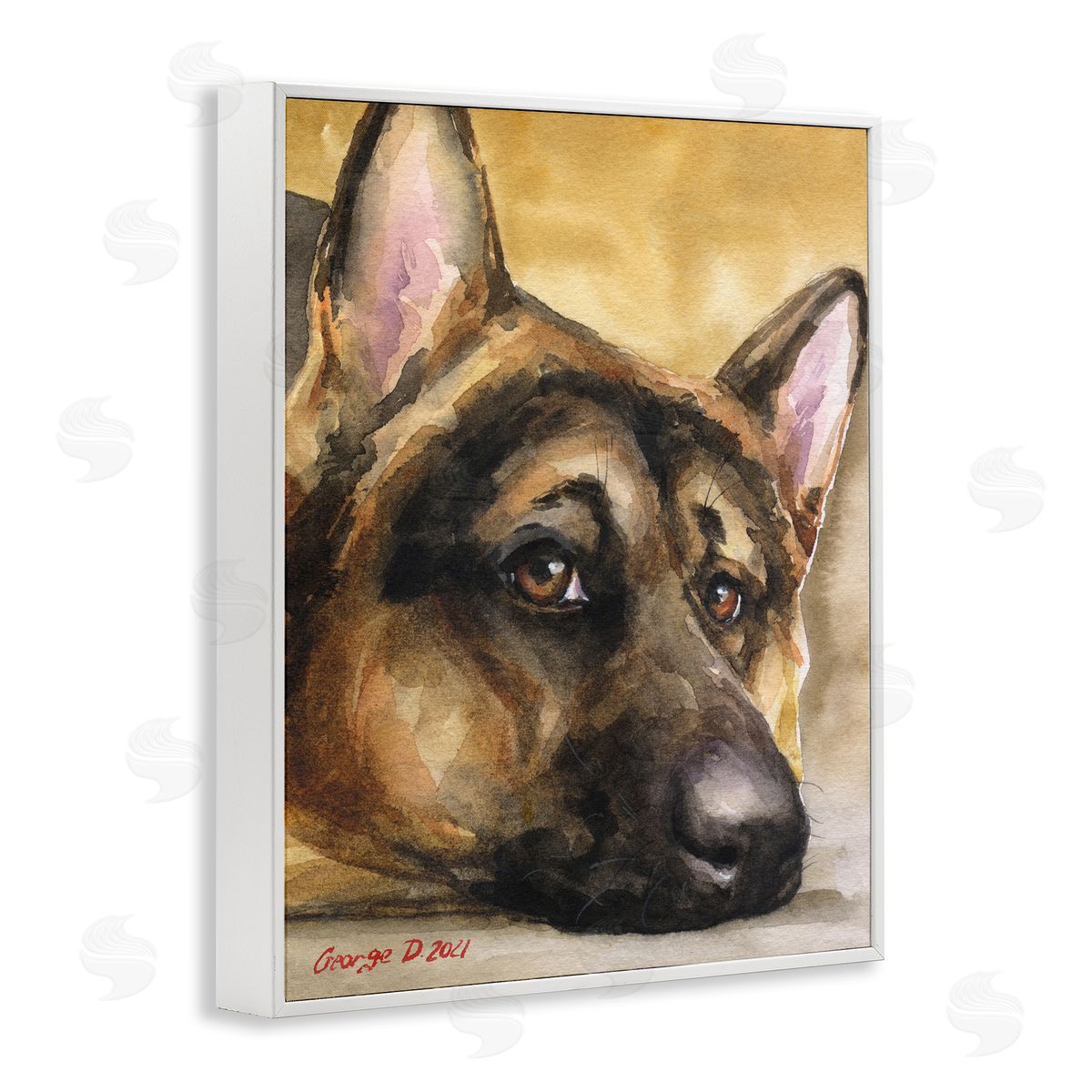 George Dyachenko German Shepherd Dog Sympathetic Gazing Animal Portrait White Framed Giclee Wall Art Print