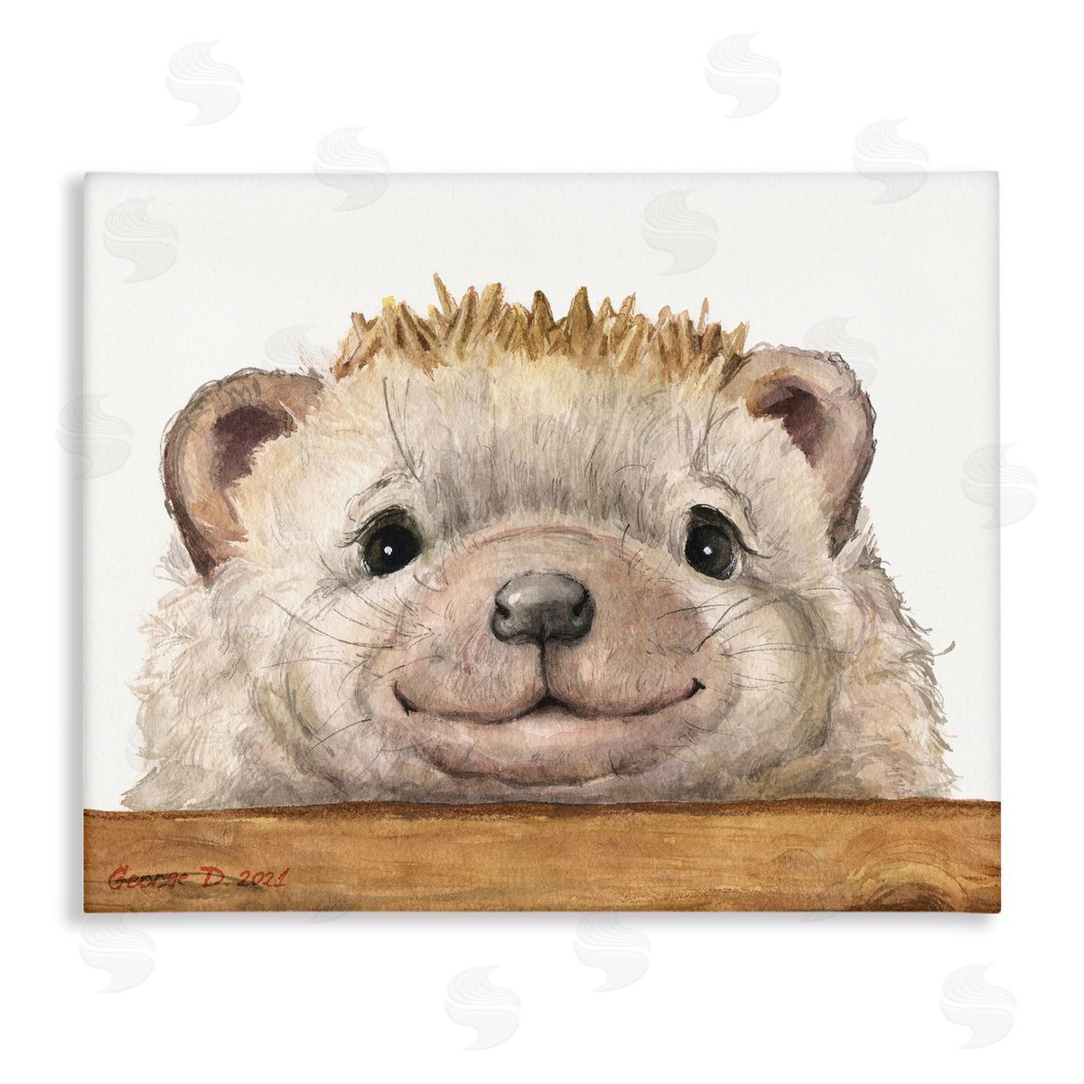 George Dyachenko Expressive Hedgehog Peeking Smiling Casual Animal Stretched Canvas Wall Art Print