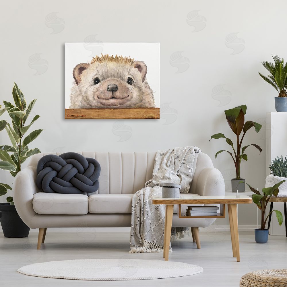 George Dyachenko Expressive Hedgehog Peeking Smiling Casual Animal Canvas Wall Art Print in Room