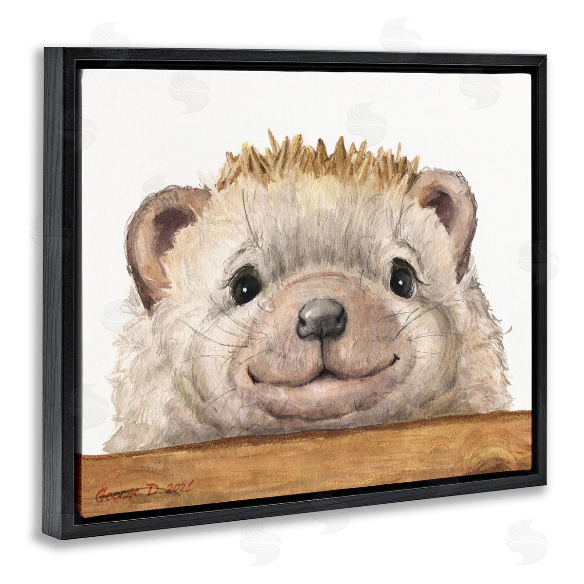 George Dyachenko Expressive Hedgehog Peeking Smiling Casual Animal Black Floating Frame Canvas Wall Art Print