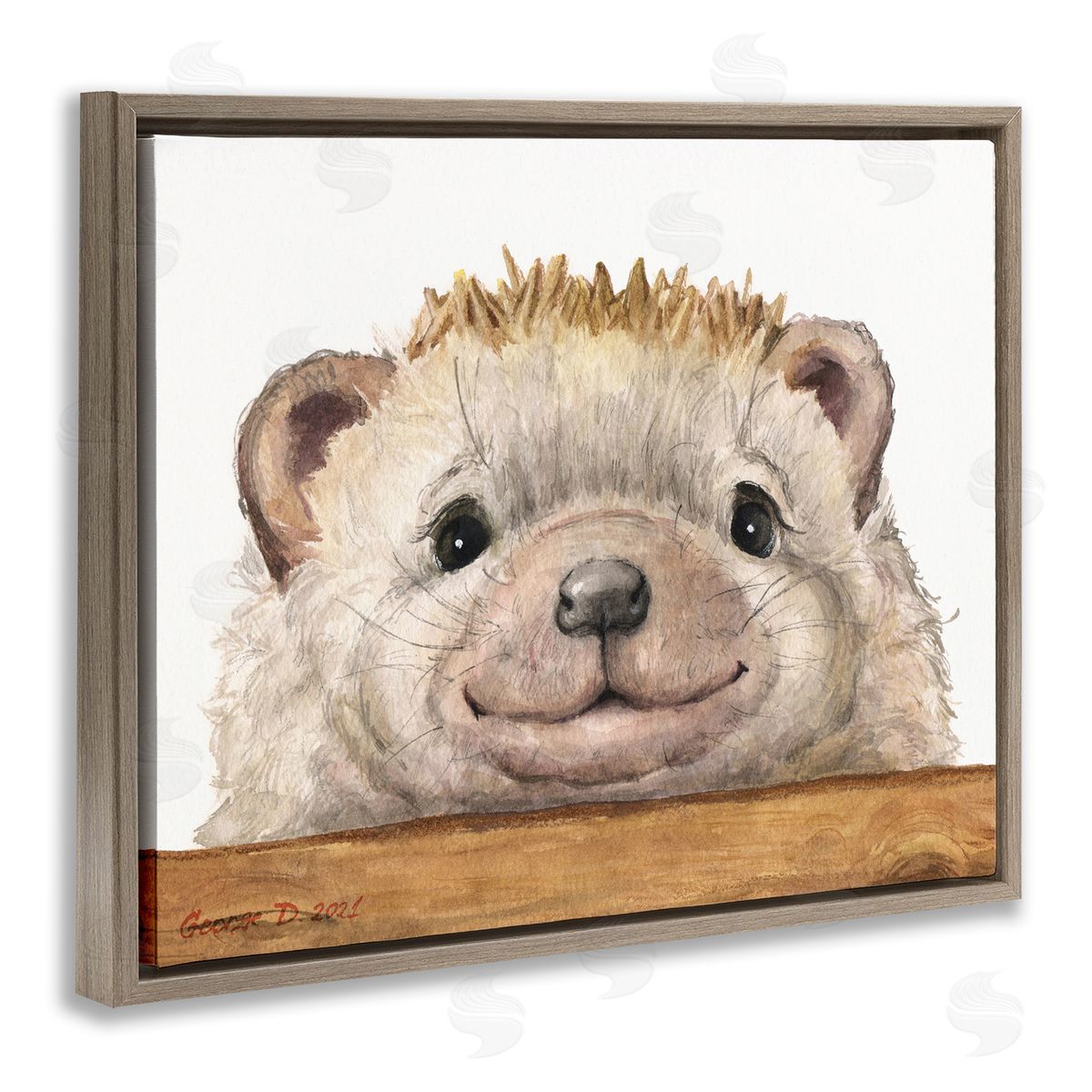 George Dyachenko Expressive Hedgehog Peeking Smiling Casual Animal Brown Floating Frame Canvas Wall Art Print