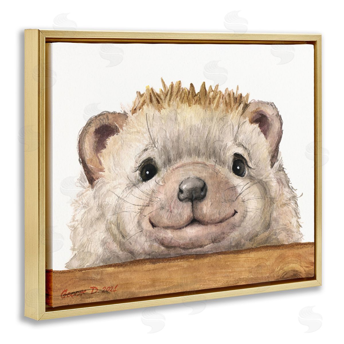George Dyachenko Expressive Hedgehog Peeking Smiling Casual Animal Gold Floating Frame Canvas Wall Art Print