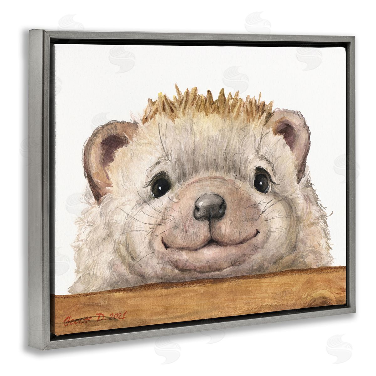 George Dyachenko Expressive Hedgehog Peeking Smiling Casual Animal Gray Floating Frame Canvas Wall Art Print
