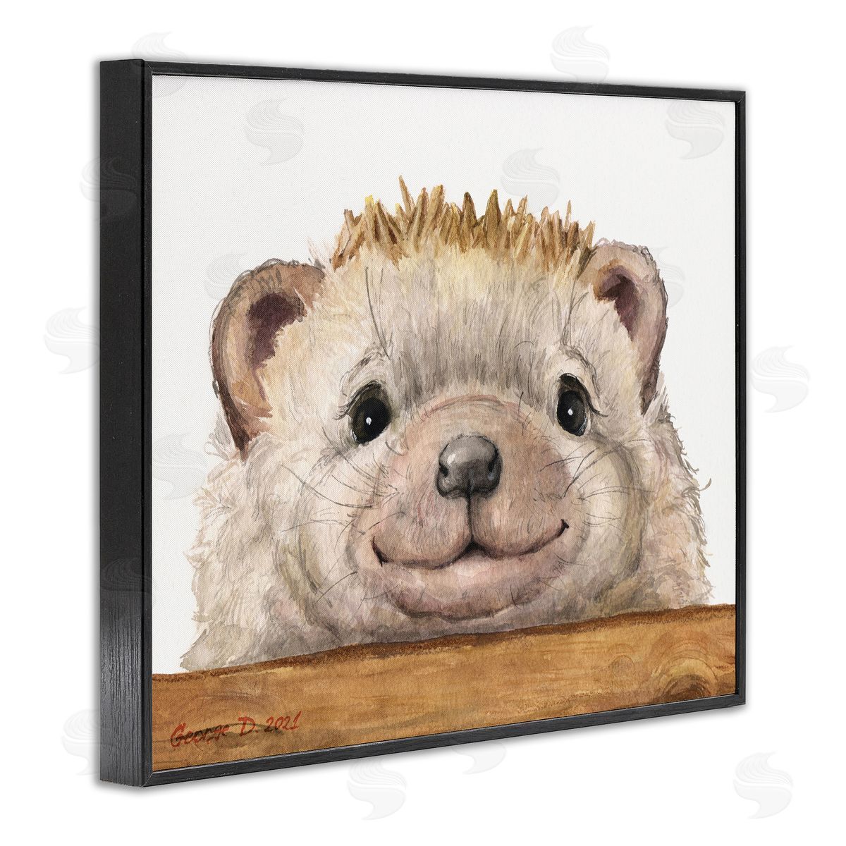 George Dyachenko Expressive Hedgehog Peeking Smiling Casual Animal Black Framed Giclee Wall Art Print