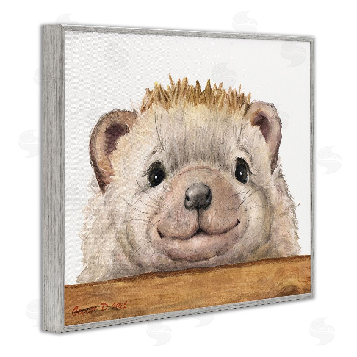 George Dyachenko Expressive Hedgehog Peeking Smiling Casual Animal Gray Framed Giclee Wall Art Print