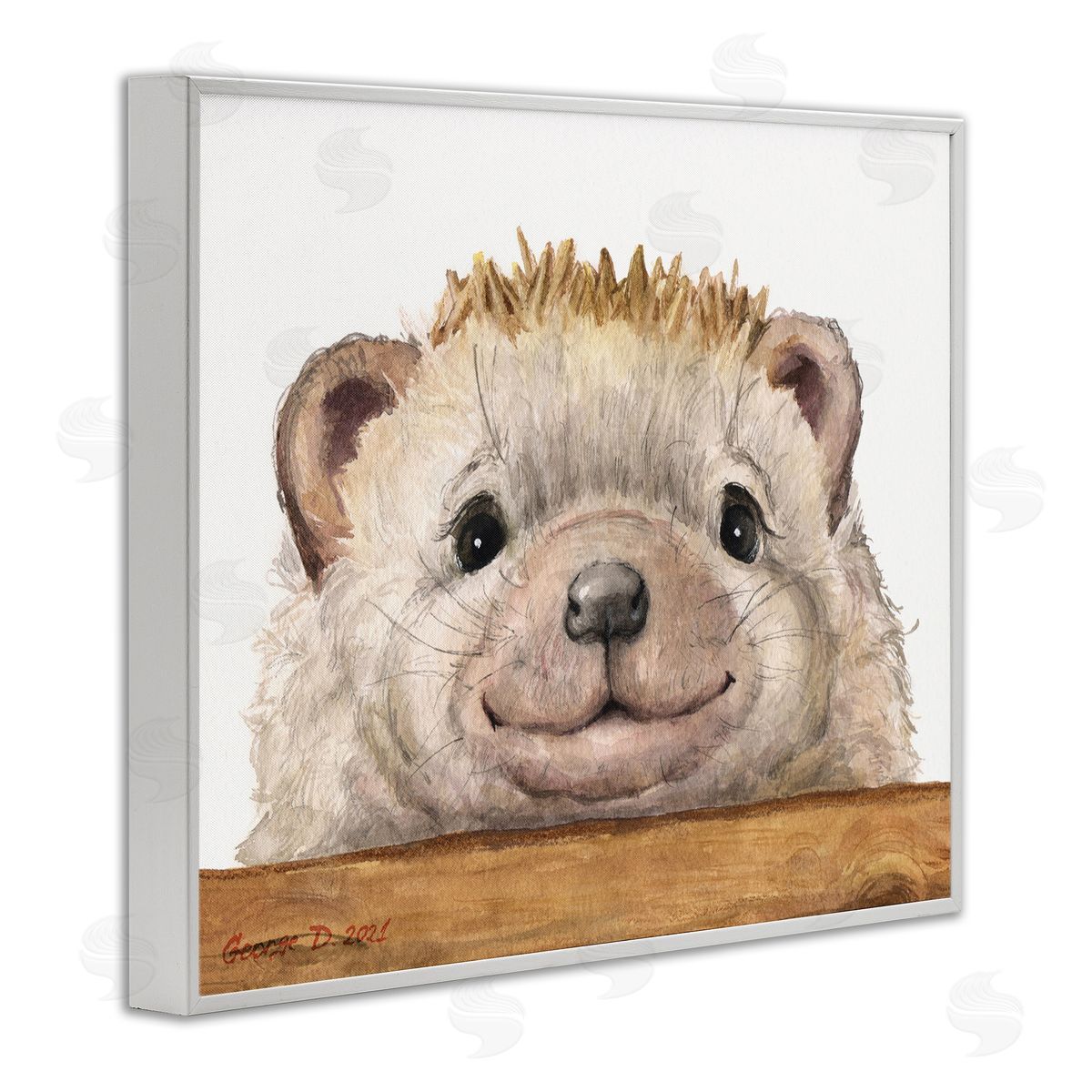 George Dyachenko Expressive Hedgehog Peeking Smiling Casual Animal White Framed Giclee Wall Art Print