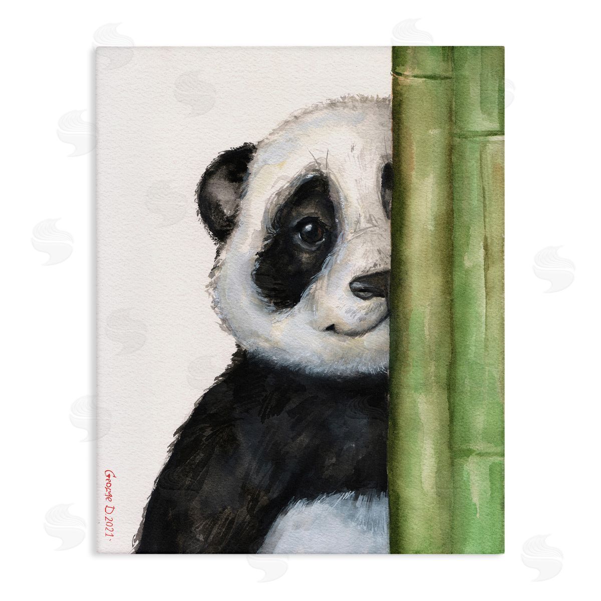 George Dyachenko Panda Bear Peering Around Bamboo Smiling Animal  Stretched Canvas Wall Art Print