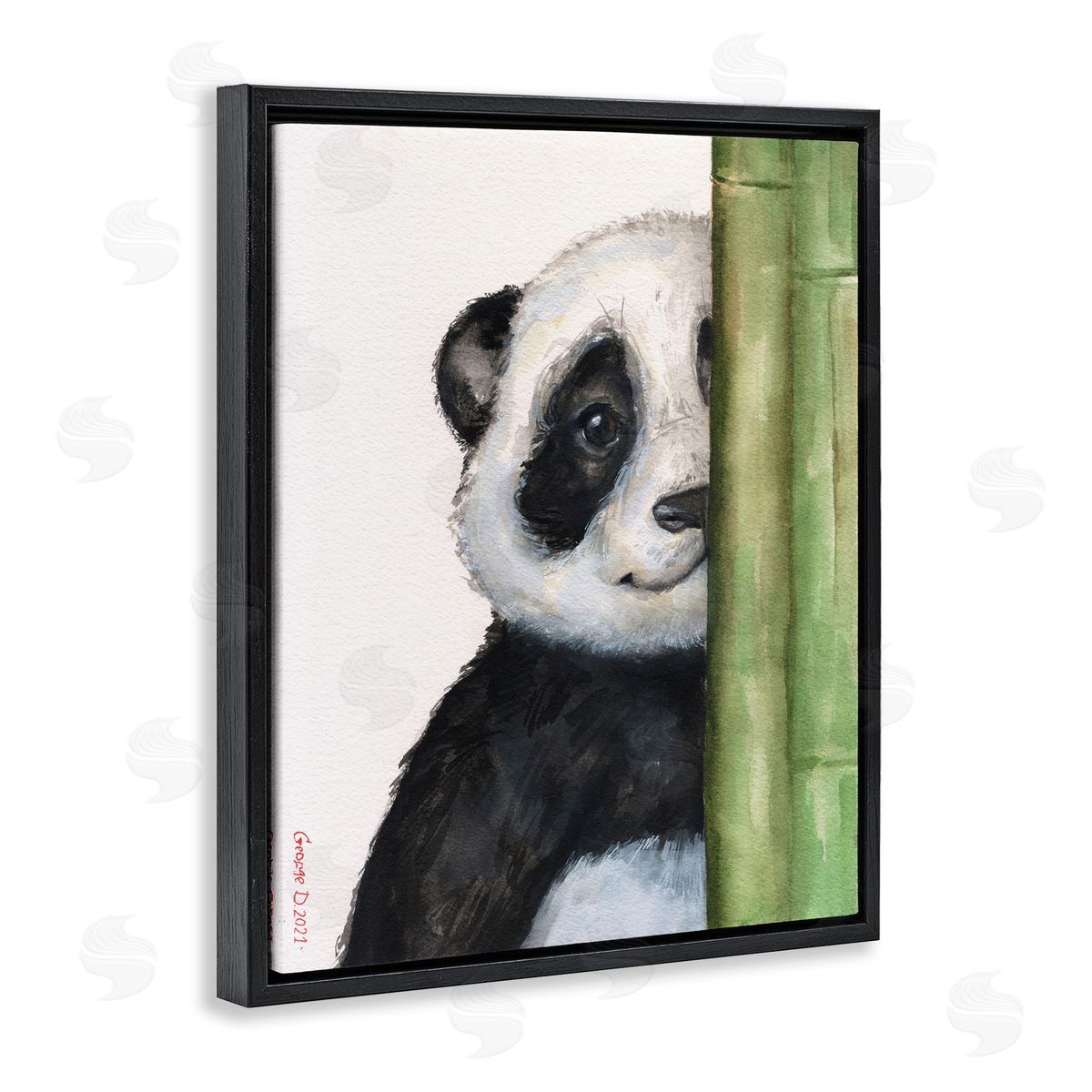 George Dyachenko Panda Bear Peering Around Bamboo Smiling Animal  Black Floating Frame Canvas Wall Art Print