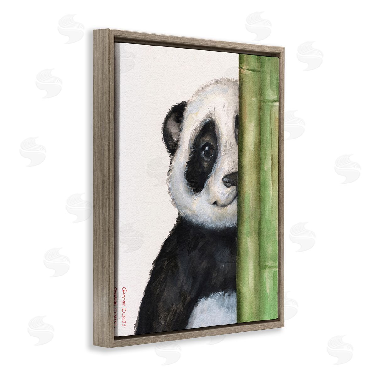 George Dyachenko Panda Bear Peering Around Bamboo Smiling Animal  Brown Floating Frame Canvas Wall Art Print