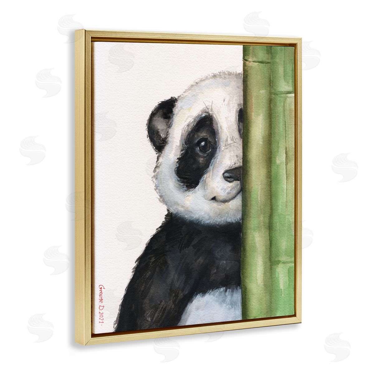 George Dyachenko Panda Bear Peering Around Bamboo Smiling Animal  Gold Floating Frame Canvas Wall Art Print