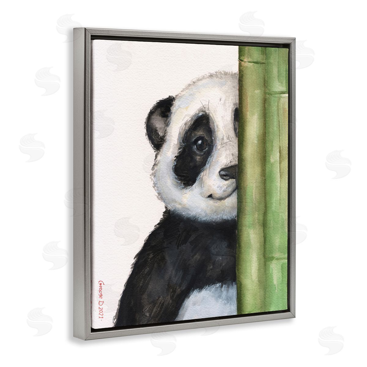 George Dyachenko Panda Bear Peering Around Bamboo Smiling Animal  Gray Floating Frame Canvas Wall Art Print