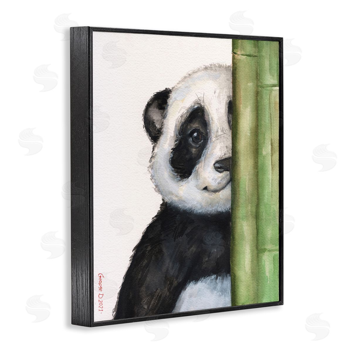George Dyachenko Panda Bear Peering Around Bamboo Smiling Animal  Black Framed Giclee Wall Art Print