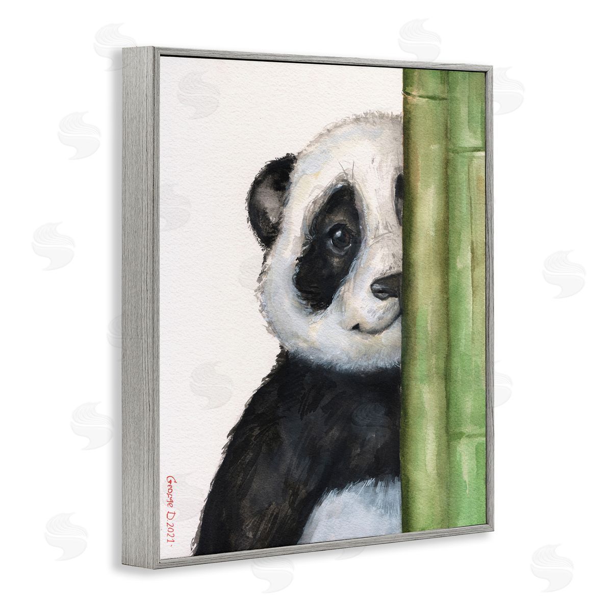 George Dyachenko Panda Bear Peering Around Bamboo Smiling Animal  Gray Framed Giclee Wall Art Print