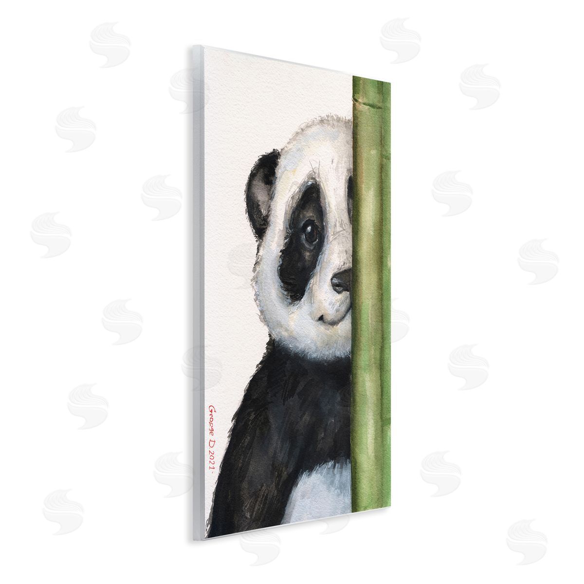 George Dyachenko Panda Bear Peering Around Bamboo Smiling Animal  Wall Plaque Art Print