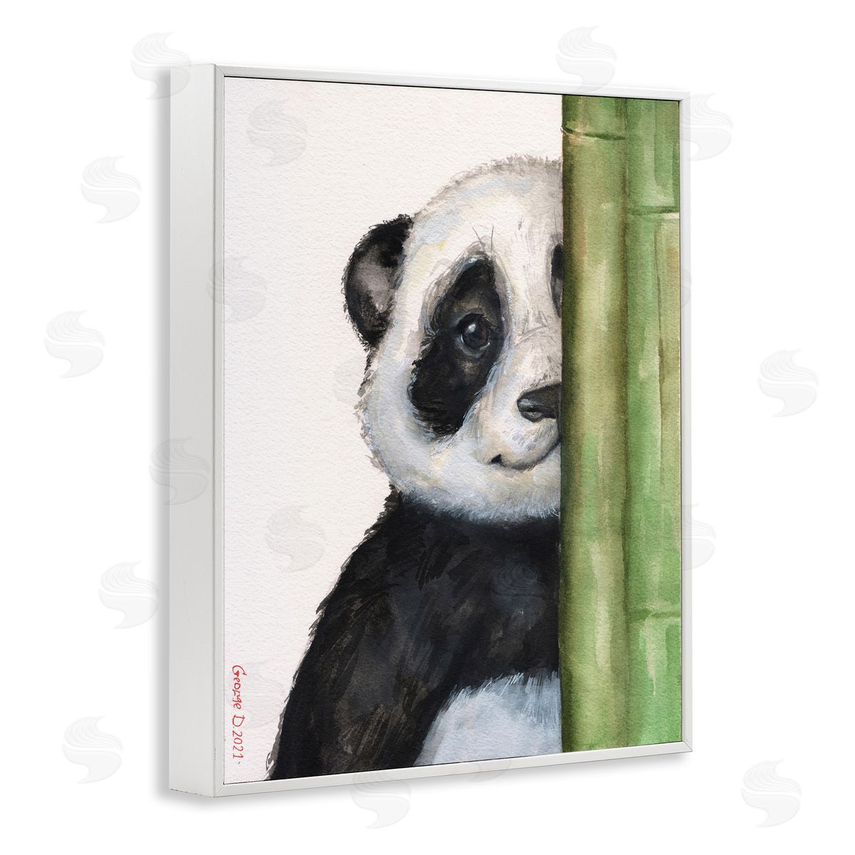 George Dyachenko Panda Bear Peering Around Bamboo Smiling Animal  White Framed Giclee Wall Art Print
