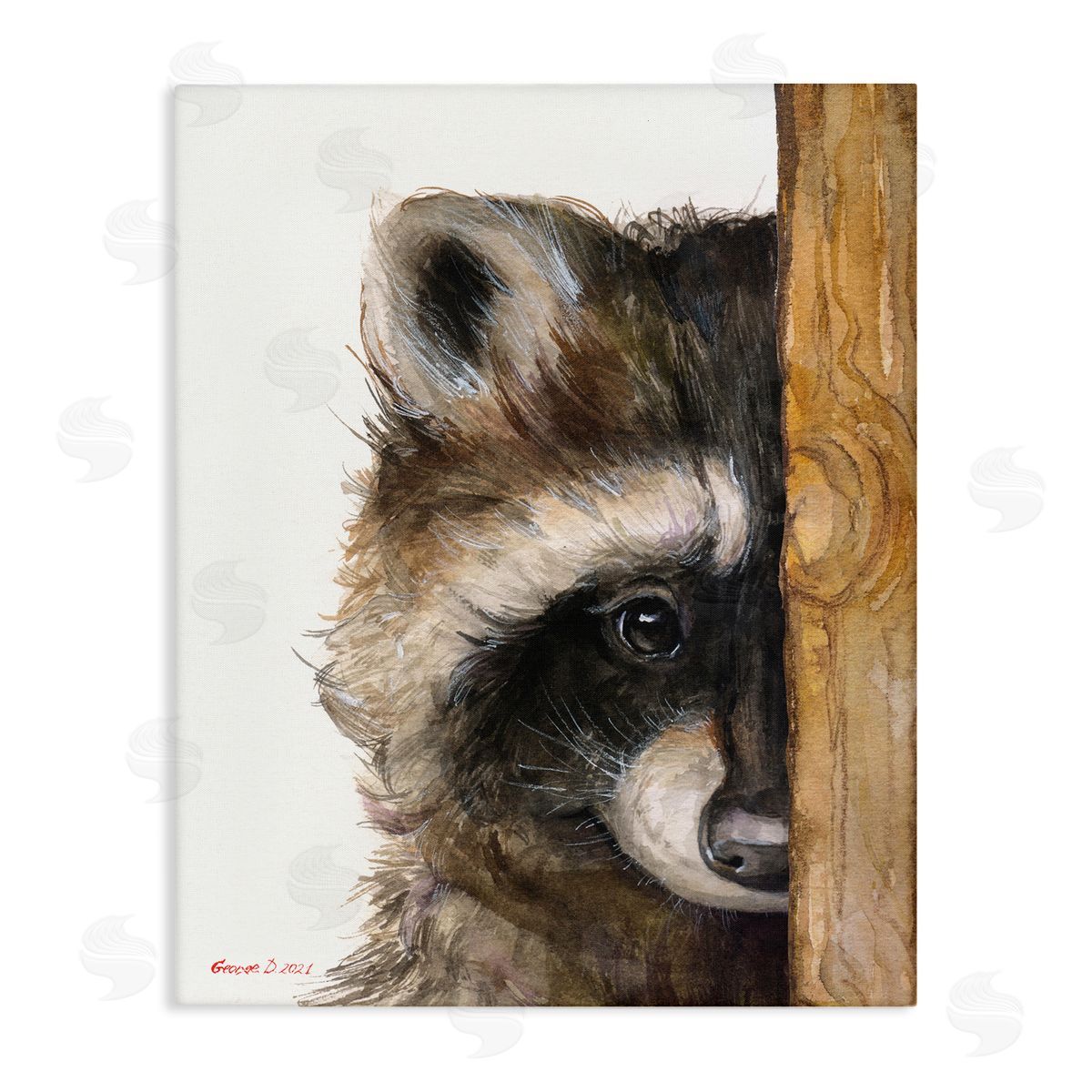 George Dyachenko Raccoon Detailed Fur Looking Animal Portrait Illustration Stretched Canvas Wall Art Print
