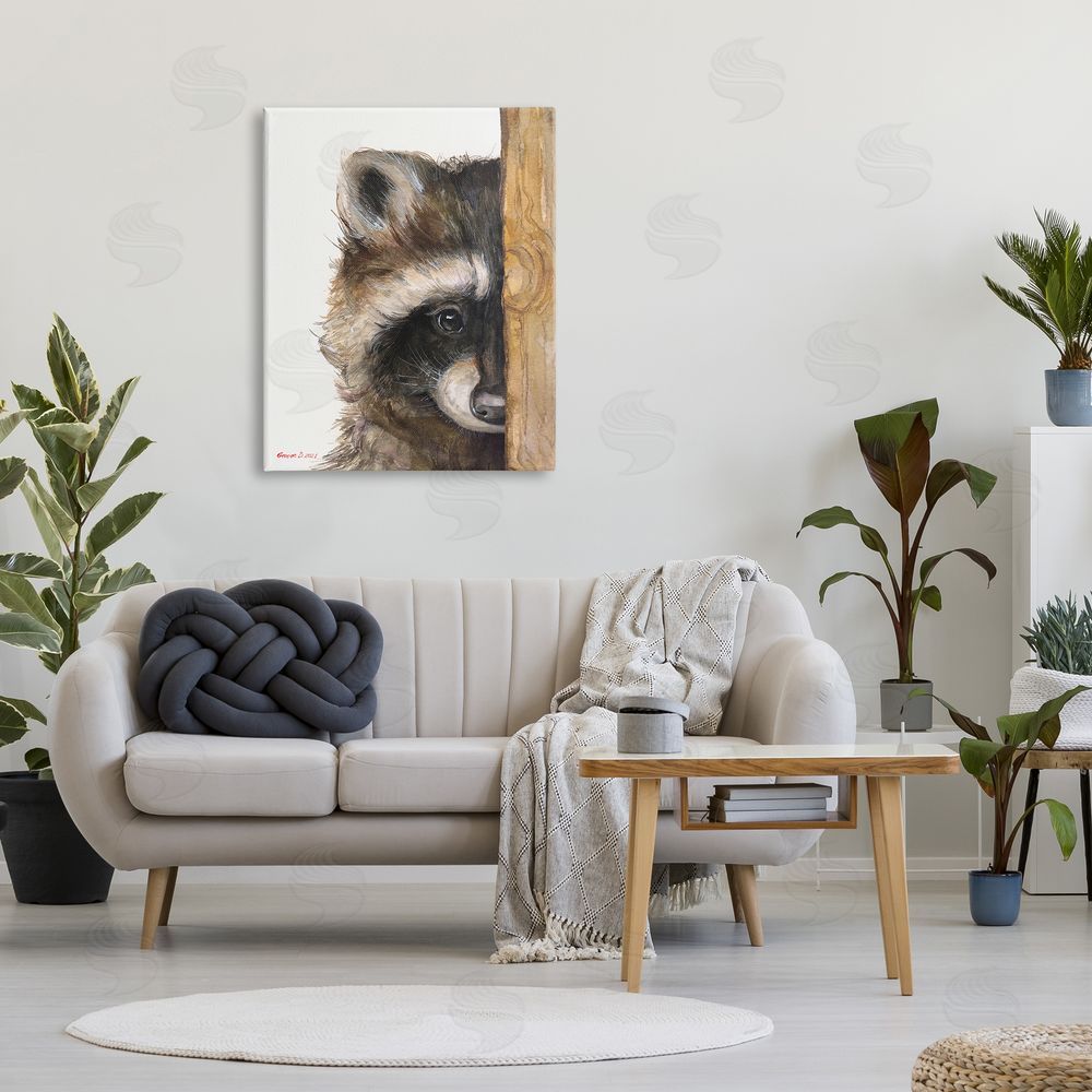 George Dyachenko Raccoon Detailed Fur Looking Animal Portrait Illustration Canvas Wall Art Print in Room
