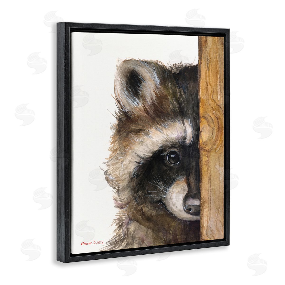 George Dyachenko Raccoon Detailed Fur Looking Animal Portrait Illustration Black Floating Frame Canvas Wall Art Print