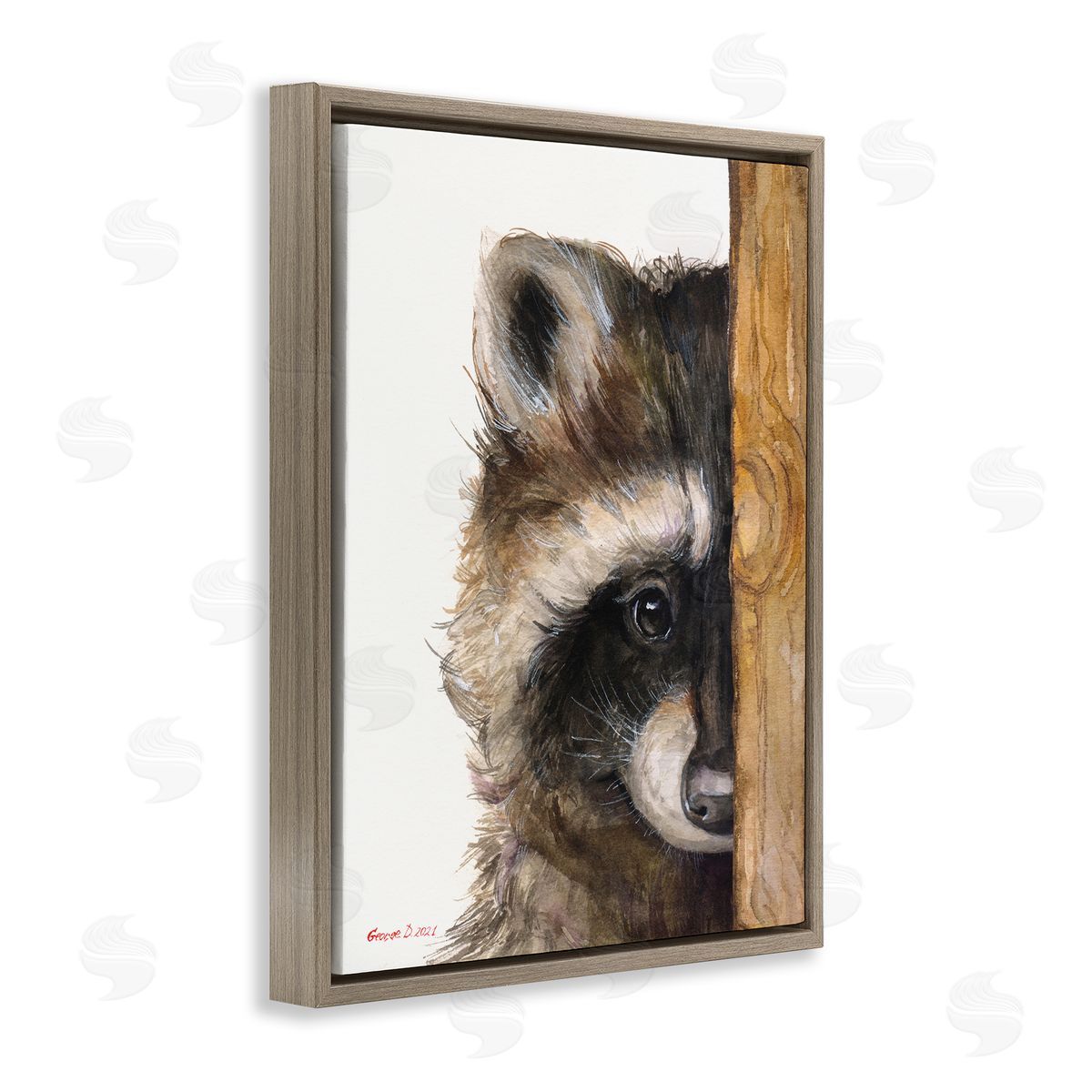 George Dyachenko Raccoon Detailed Fur Looking Animal Portrait Illustration Brown Floating Frame Canvas Wall Art Print