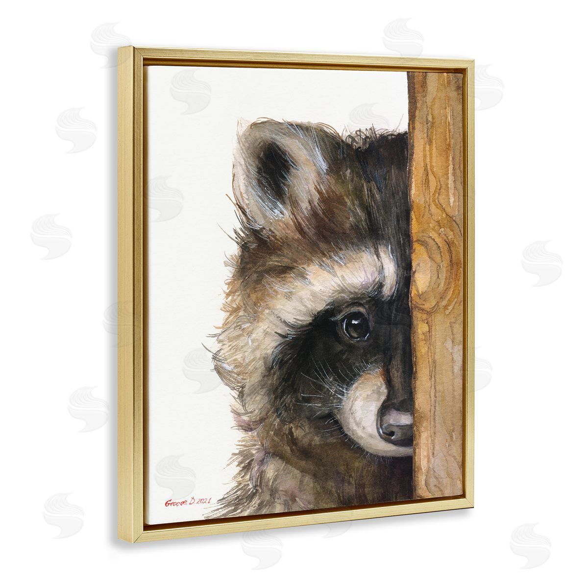 George Dyachenko Raccoon Detailed Fur Looking Animal Portrait Illustration Gold Floating Frame Canvas Wall Art Print