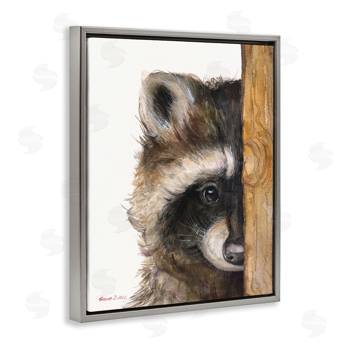 George Dyachenko Raccoon Detailed Fur Looking Animal Portrait Illustration Gray Floating Frame Canvas Wall Art Print