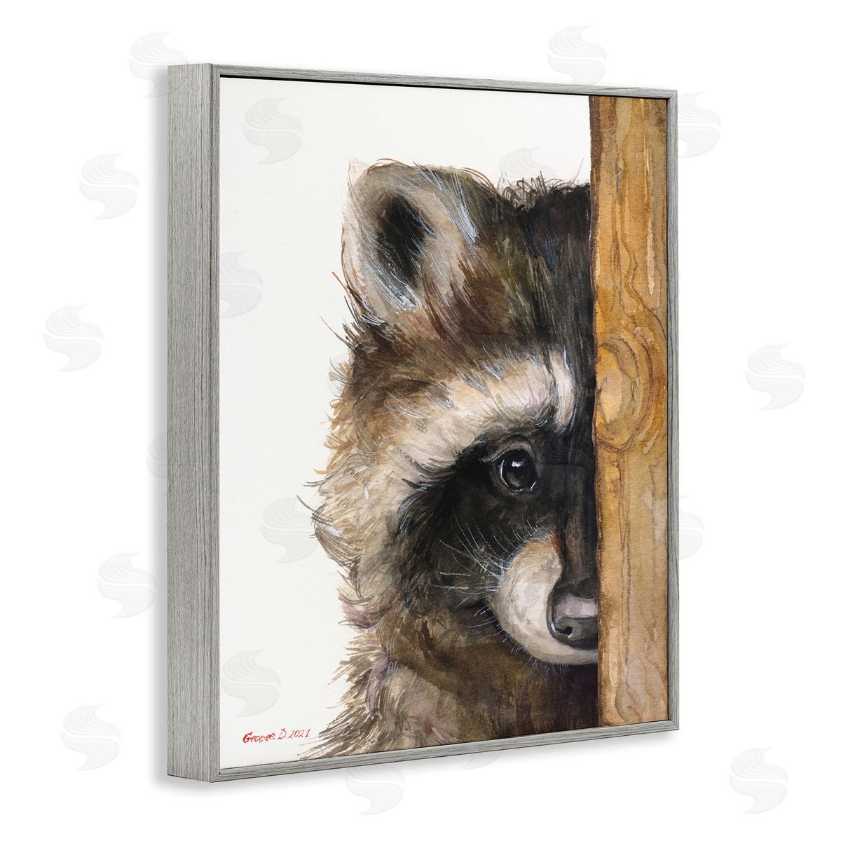 George Dyachenko Raccoon Detailed Fur Looking Animal Portrait Illustration Gray Framed Giclee Wall Art Print