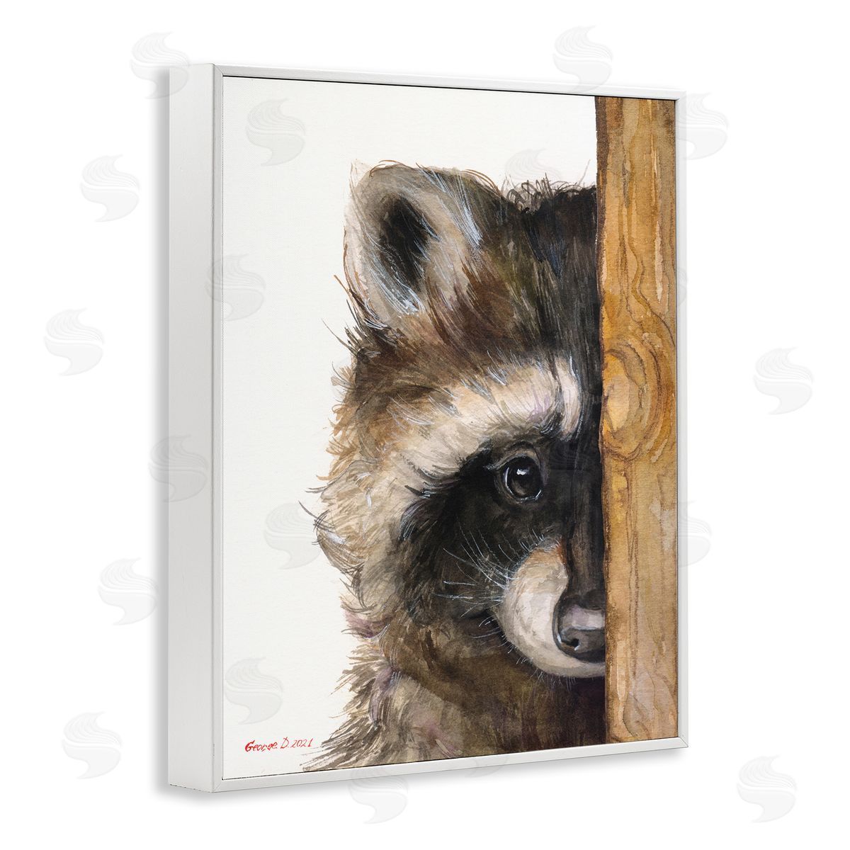 George Dyachenko Raccoon Detailed Fur Looking Animal Portrait Illustration White Framed Giclee Wall Art Print