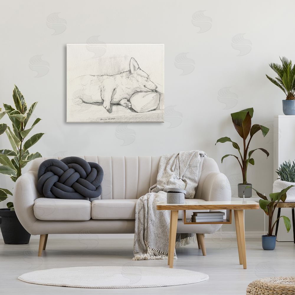 George Dyachenko Corgi Dog Lolling Tongue Graphite Pencil Sketch Canvas Wall Art Print in Room