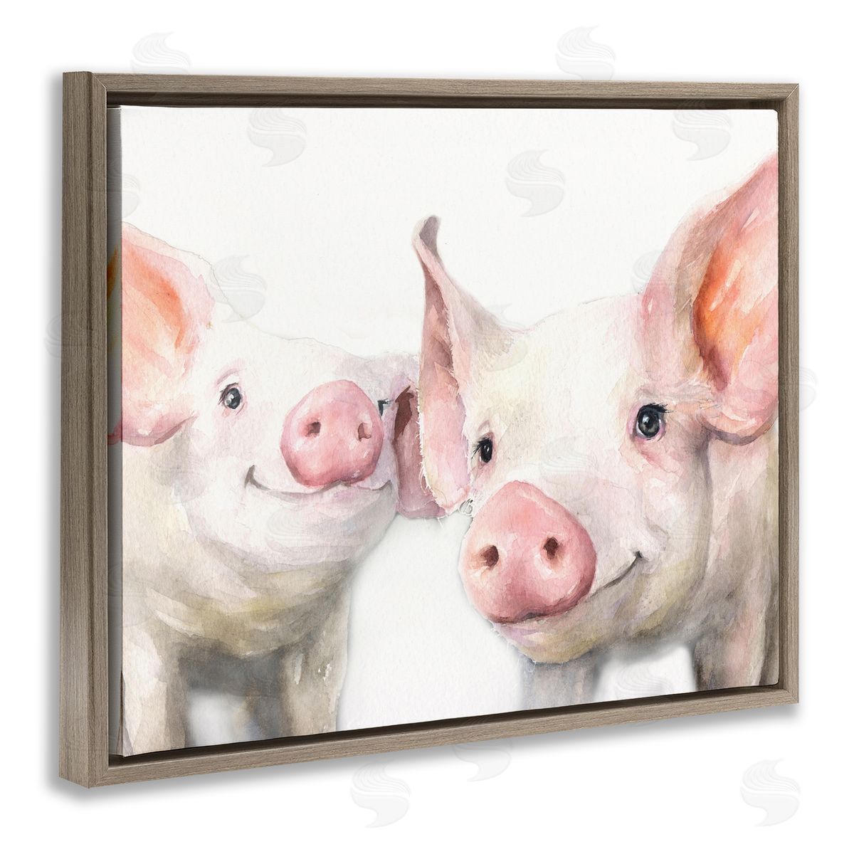 George Dyachenko Pair Pigs Pink Snout Cute Farm Animals  Brown Floating Frame Canvas Wall Art Print