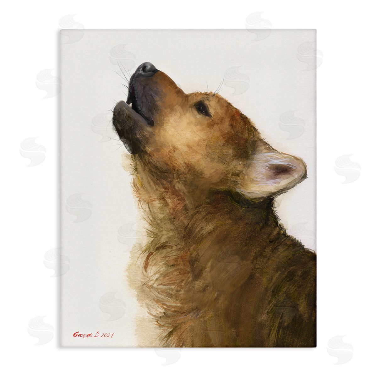 George Dyachenko Howling Brown Dog Portrait Intricate Details Painting Stretched Canvas Wall Art Print