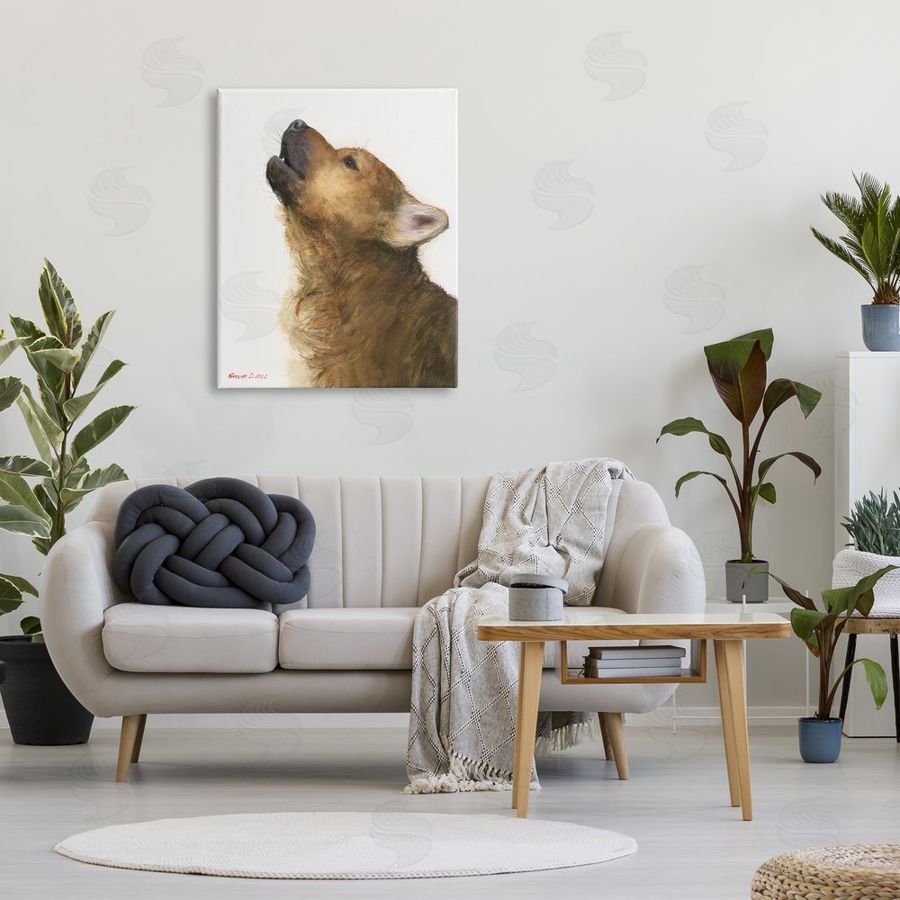 George Dyachenko Howling Brown Dog Portrait Intricate Details Painting Canvas Wall Art Print in Room