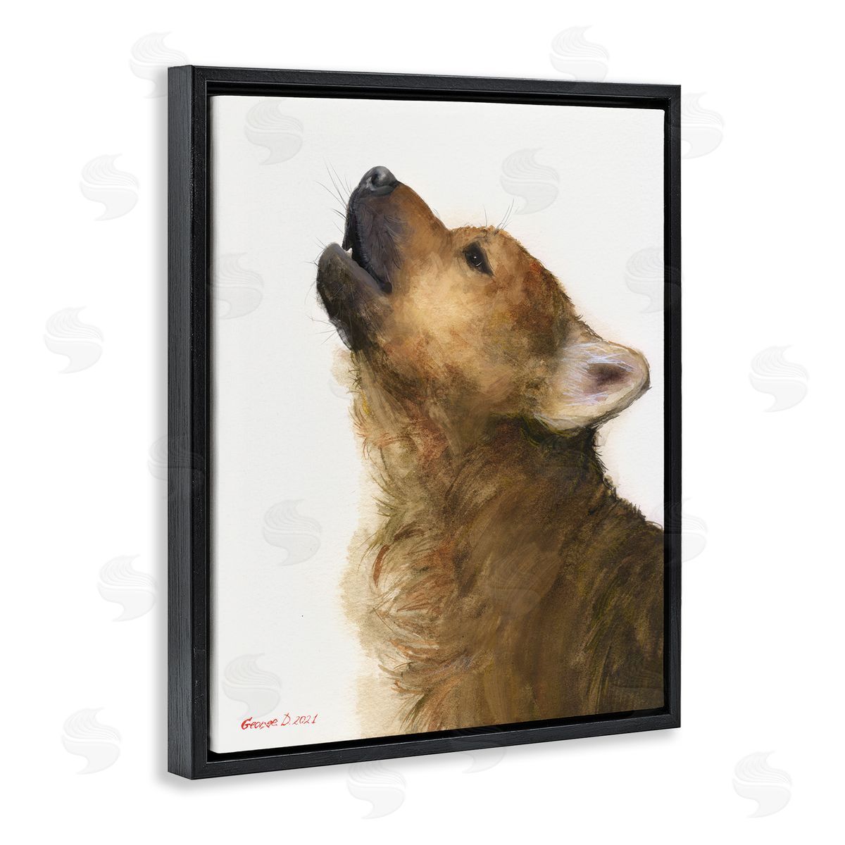 George Dyachenko Howling Brown Dog Portrait Intricate Details Painting Black Floating Frame Canvas Wall Art Print