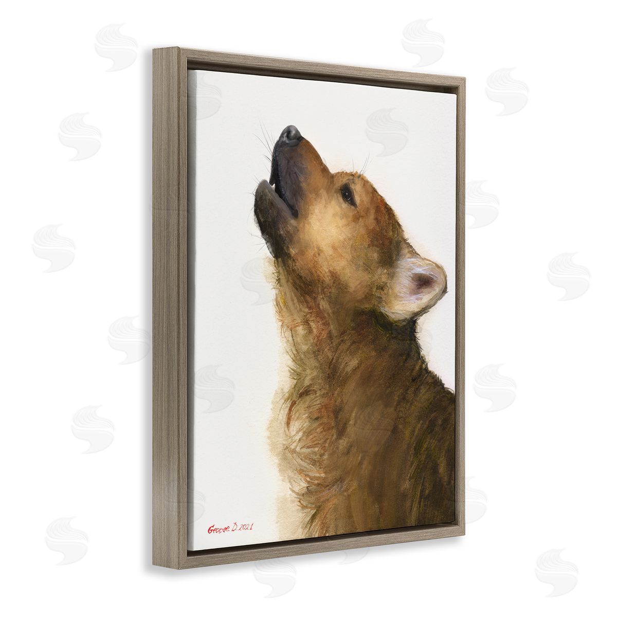 George Dyachenko Howling Brown Dog Portrait Intricate Details Painting Brown Floating Frame Canvas Wall Art Print