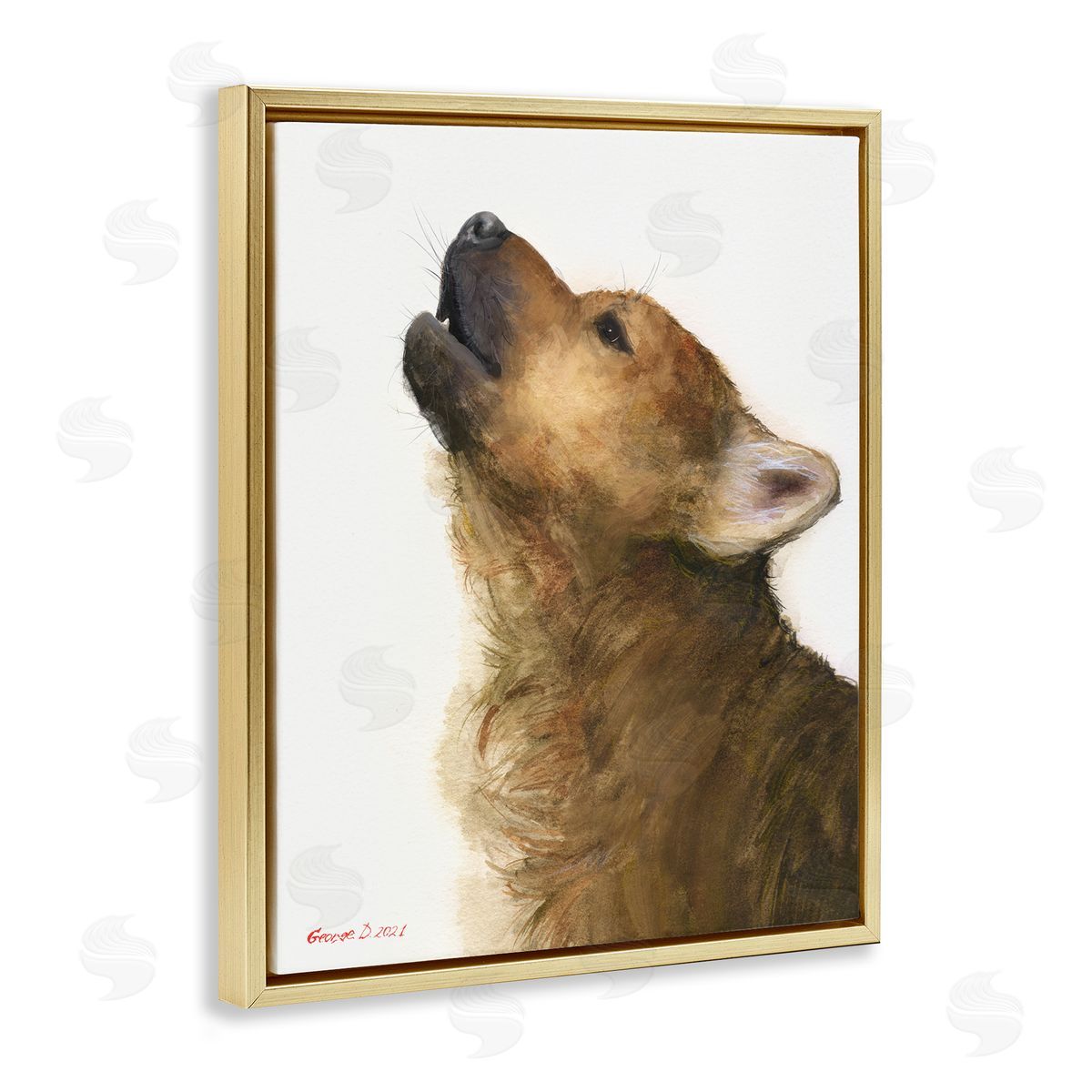 George Dyachenko Howling Brown Dog Portrait Intricate Details Painting Gold Floating Frame Canvas Wall Art Print