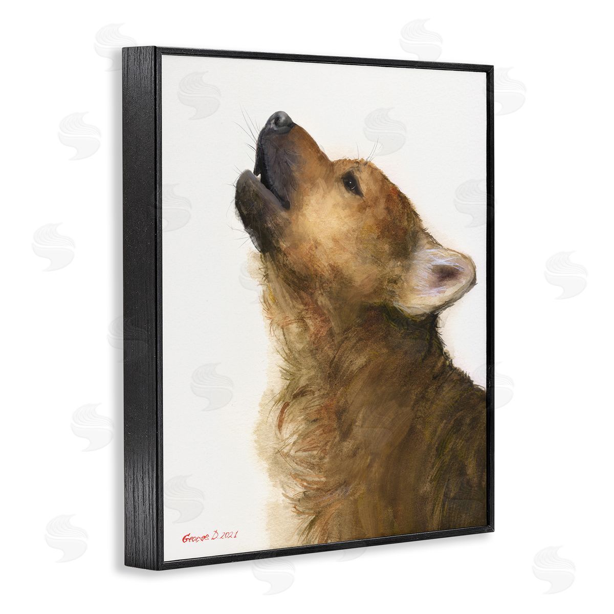George Dyachenko Howling Brown Dog Portrait Intricate Details Painting Black Framed Giclee Wall Art Print