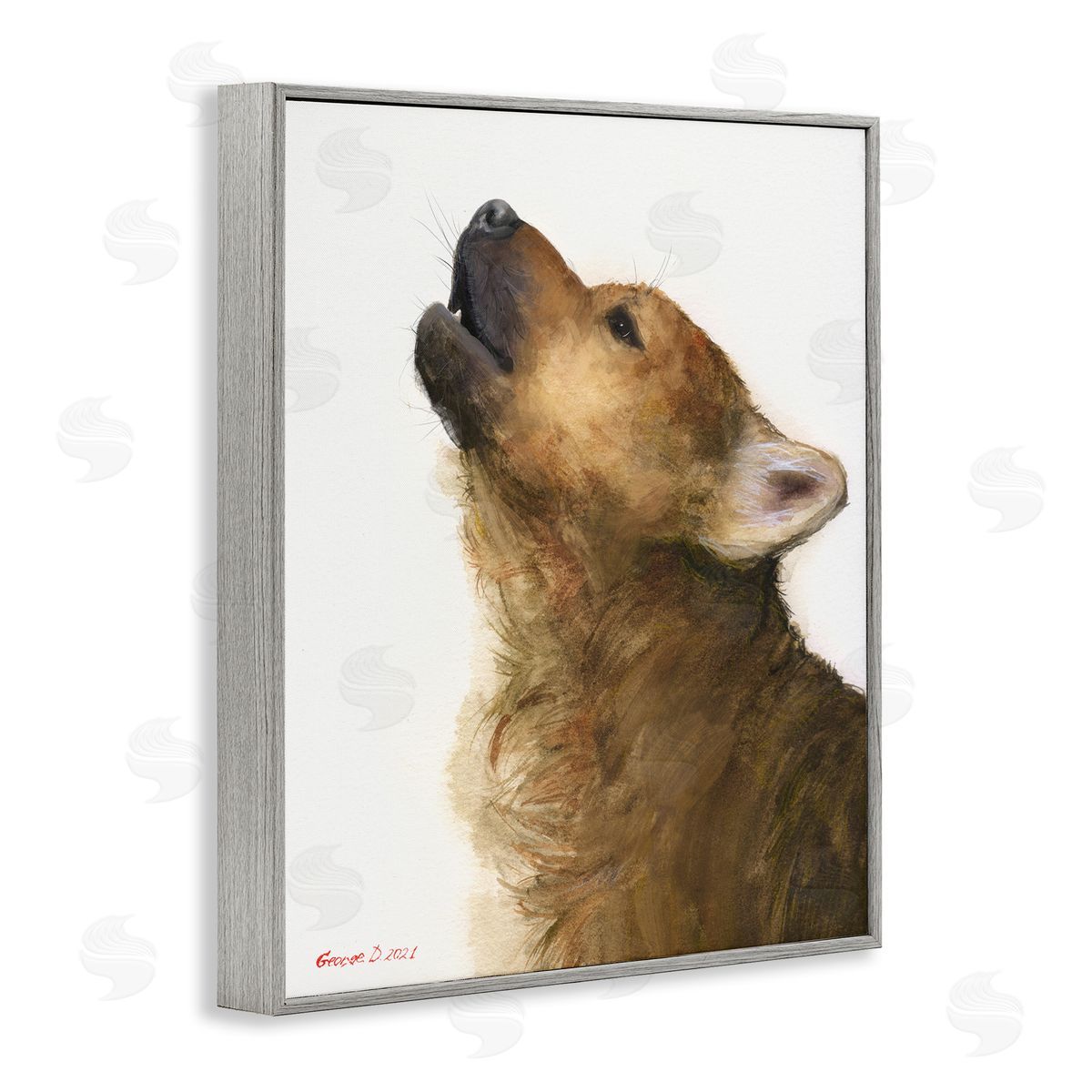 George Dyachenko Howling Brown Dog Portrait Intricate Details Painting Gray Framed Giclee Wall Art Print