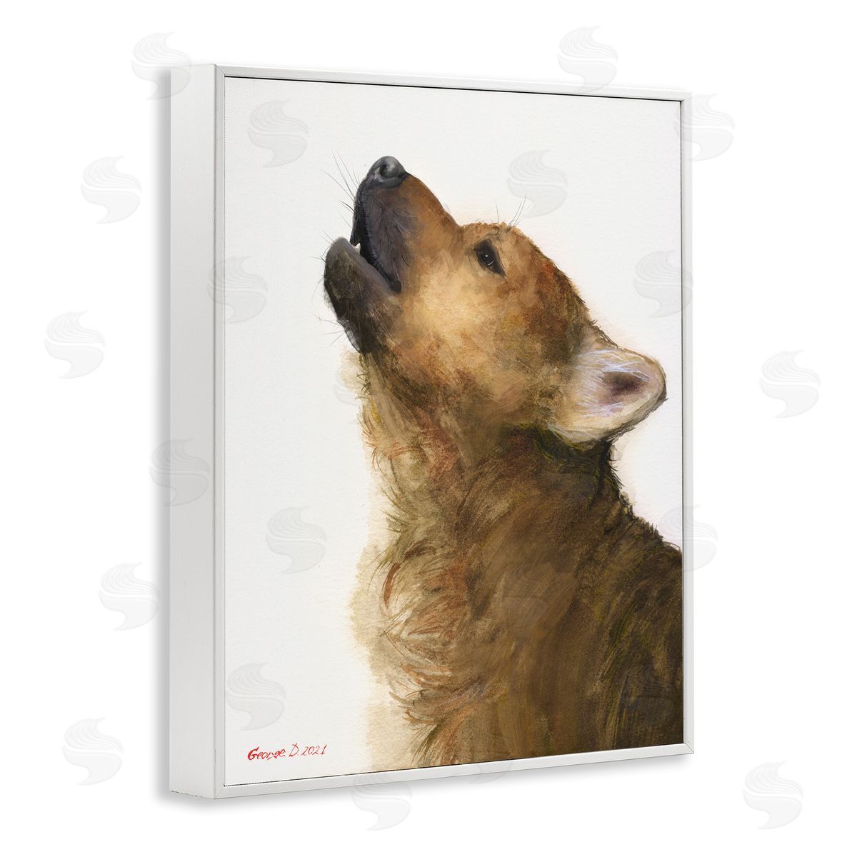 George Dyachenko Howling Brown Dog Portrait Intricate Details Painting White Framed Giclee Wall Art Print