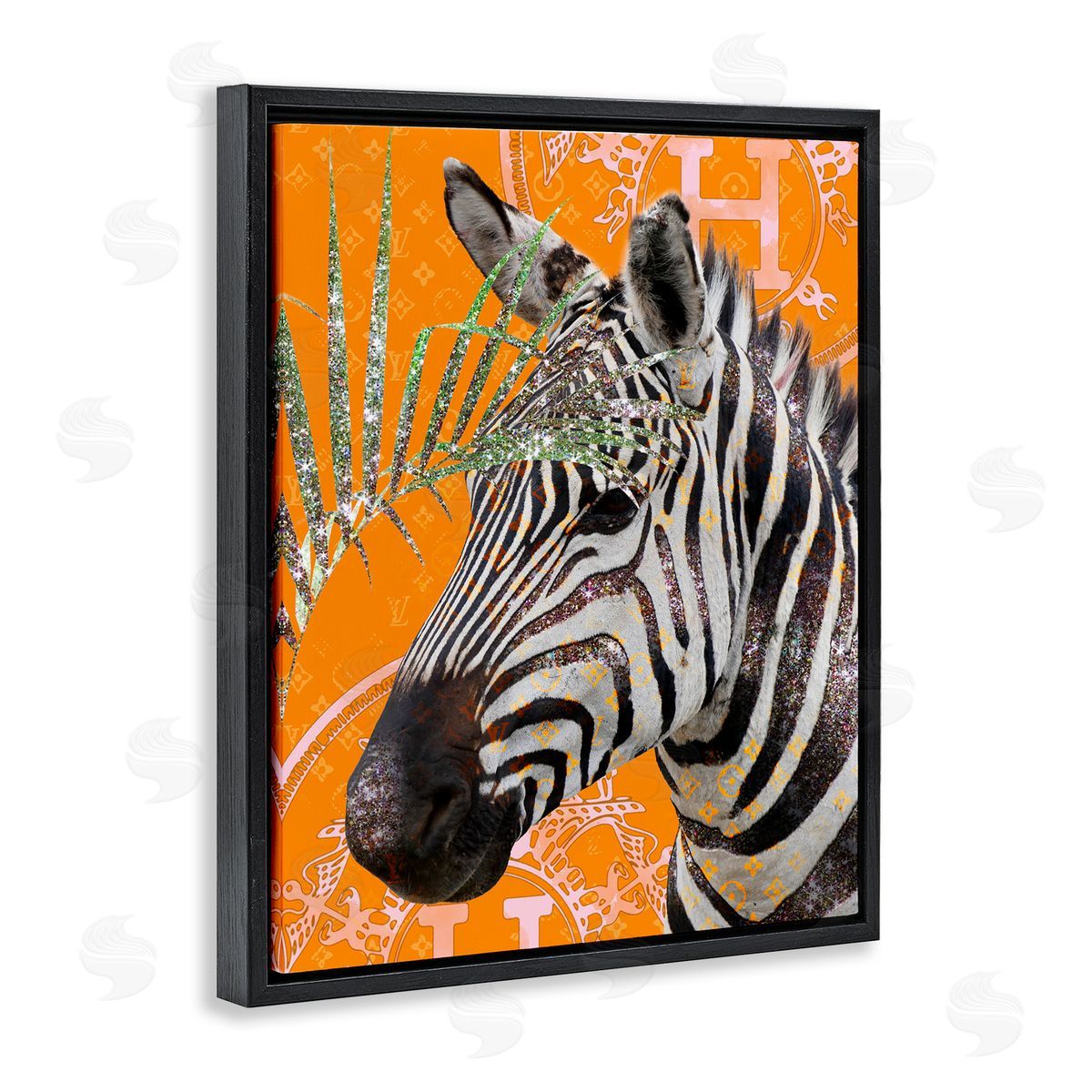 Ziwei Li Zebra Stripes Symbol Pattern Glam Detail Leaf  Black Floating Frame Canvas Wall Art Print