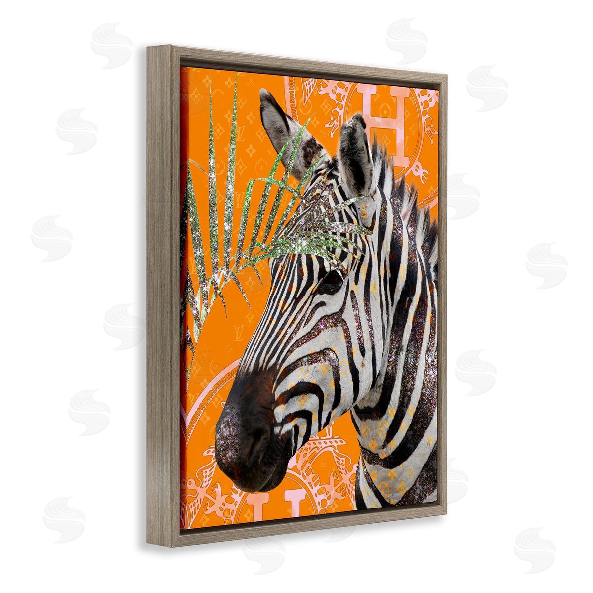 Ziwei Li Zebra Stripes Symbol Pattern Glam Detail Leaf  Brown Floating Frame Canvas Wall Art Print
