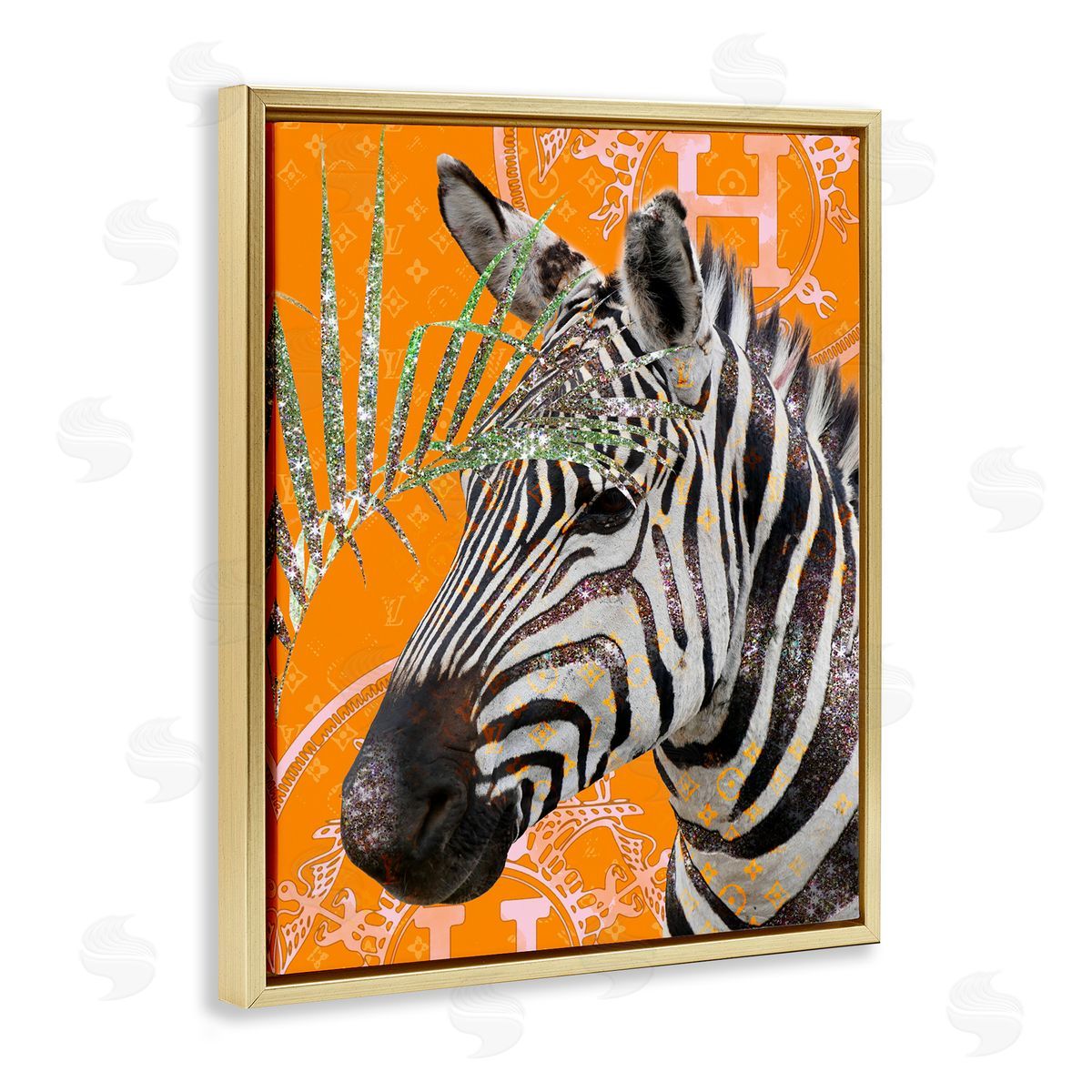Ziwei Li Zebra Stripes Symbol Pattern Glam Detail Leaf  Gold Floating Frame Canvas Wall Art Print