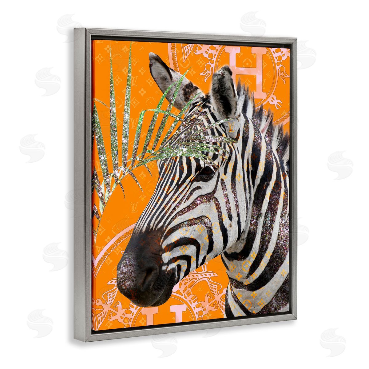 Ziwei Li Zebra Stripes Symbol Pattern Glam Detail Leaf  Gray Floating Frame Canvas Wall Art Print