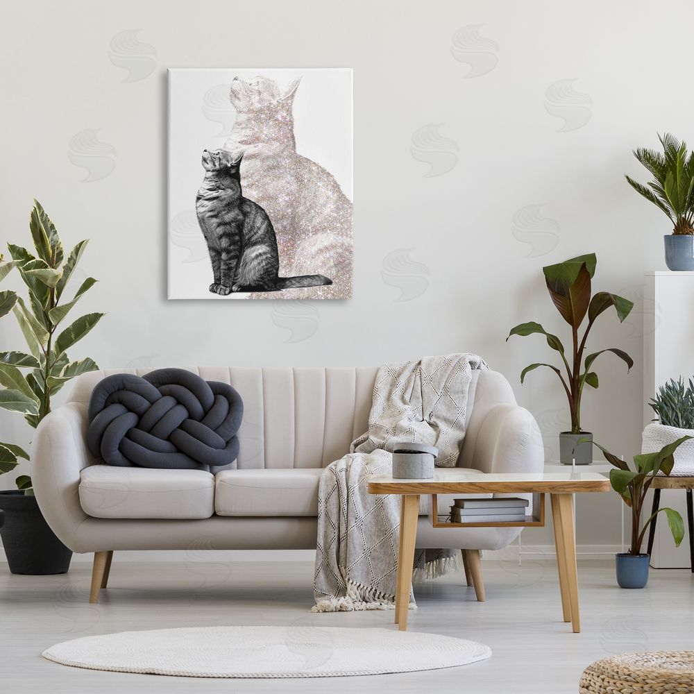 Ziwei Li Stoic Striped Cat Sitting Glam Sparkle Silhouette  Canvas Wall Art Print in Room