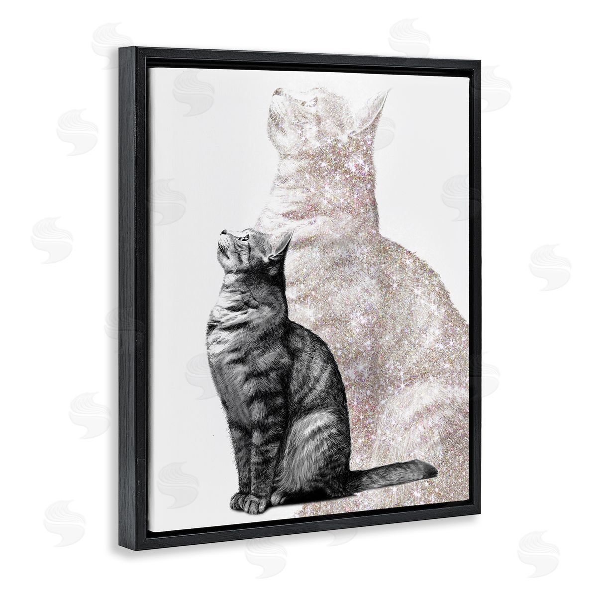 Ziwei Li Stoic Striped Cat Sitting Glam Sparkle Silhouette  Black Floating Frame Canvas Wall Art Print